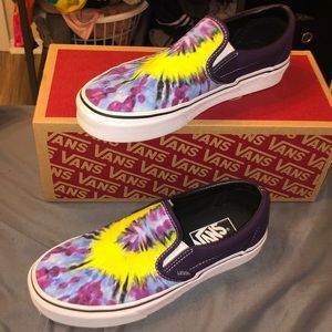 Tie dye slip on vans, worn once, has box.